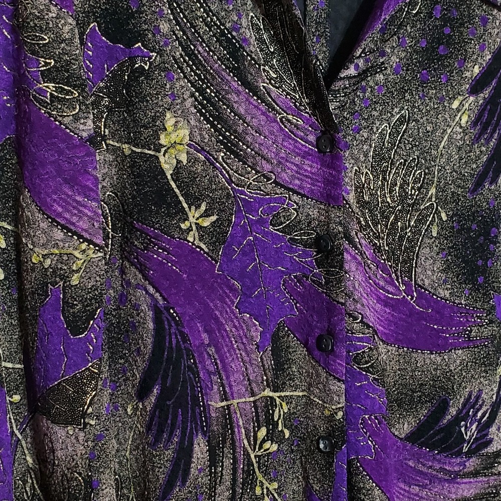 K Studio Collection Womens  Size 12 Long Sleeve Button Blouse Purple Black Gold - Picture 9 of 11